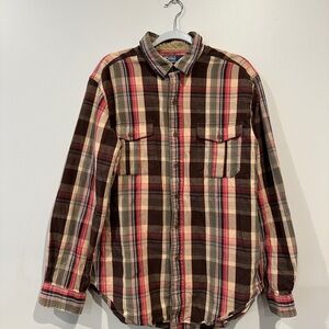 Ralph Lauren Brown and Red Plaid Shirt with Suede Accents